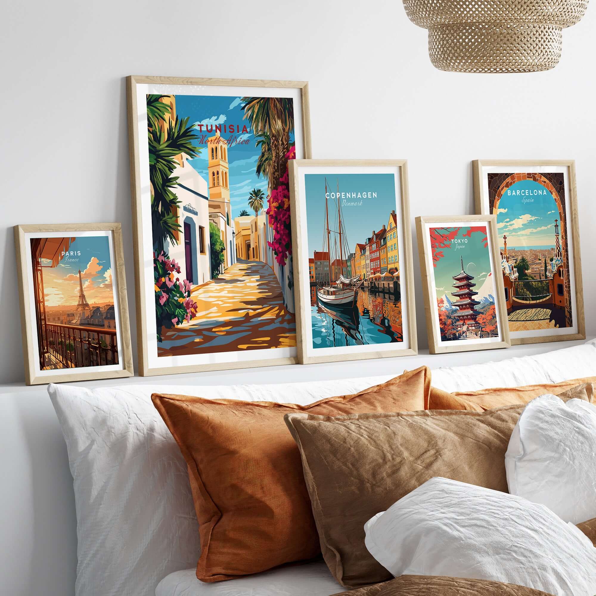 Tunisia Art Print - North Africa Poster - Modern Home Decor for Walls displayed in stylish frames on a sofa.