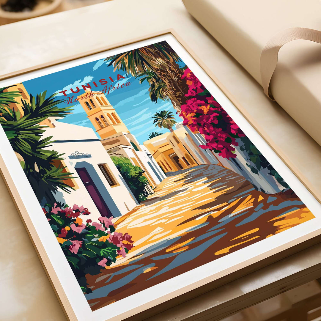 Tunisia art print featuring vibrant colors and traditional architecture, perfect for modern home decor.
