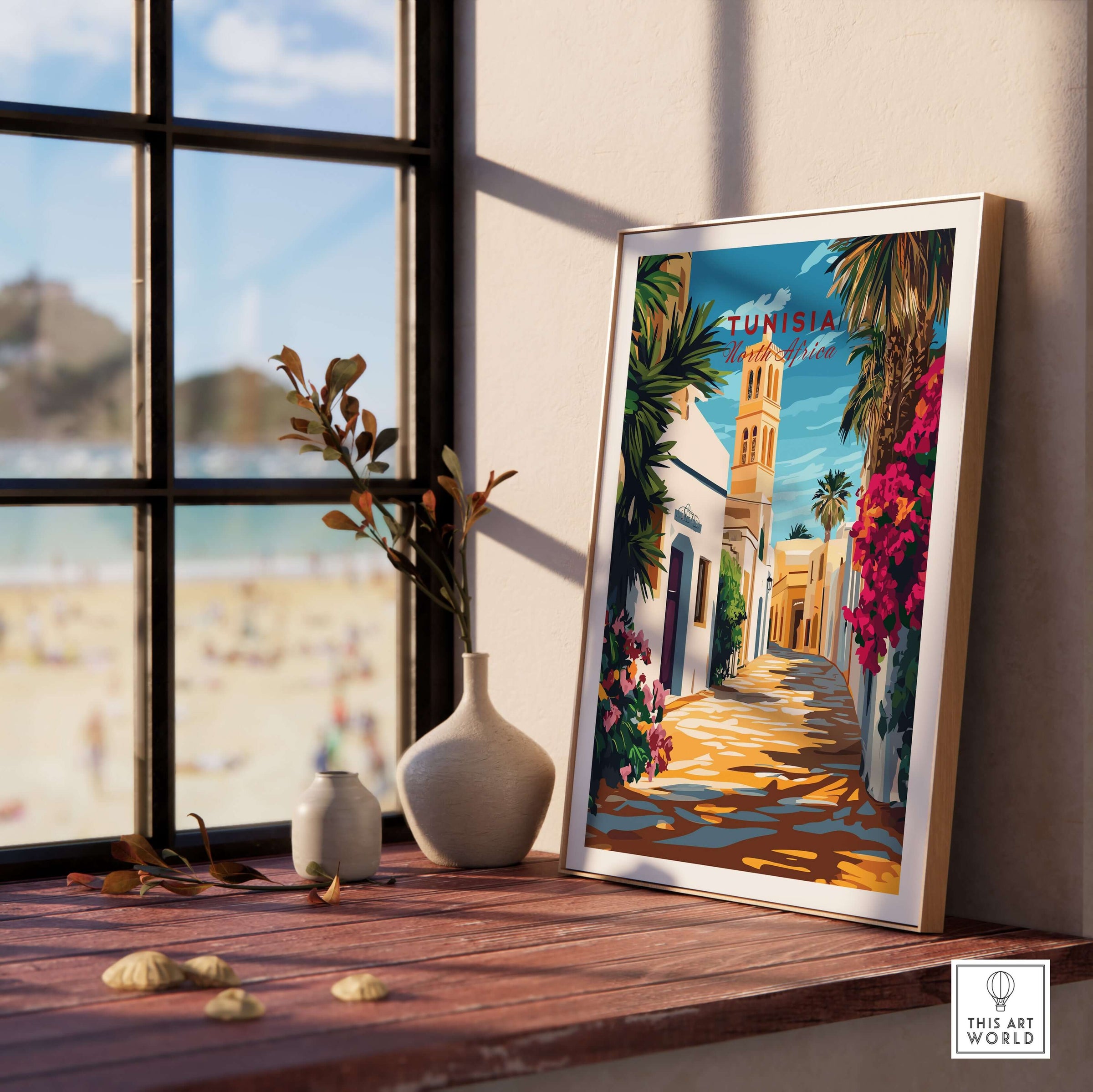 Tunisia Art Print - North Africa Poster - Modern Home Decor for Walls displayed in a sunny interior with beach view.