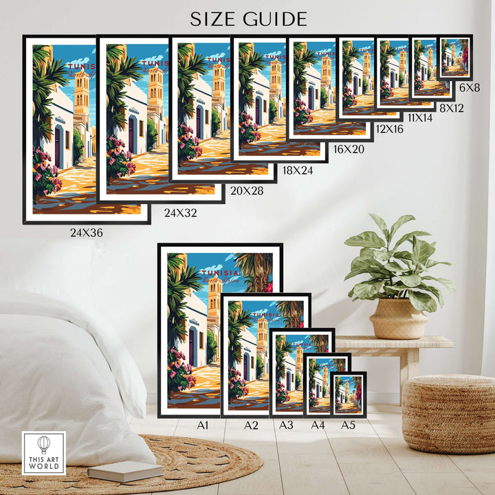 Size guide for Tunisia art print featuring various frame sizes for modern home decor.