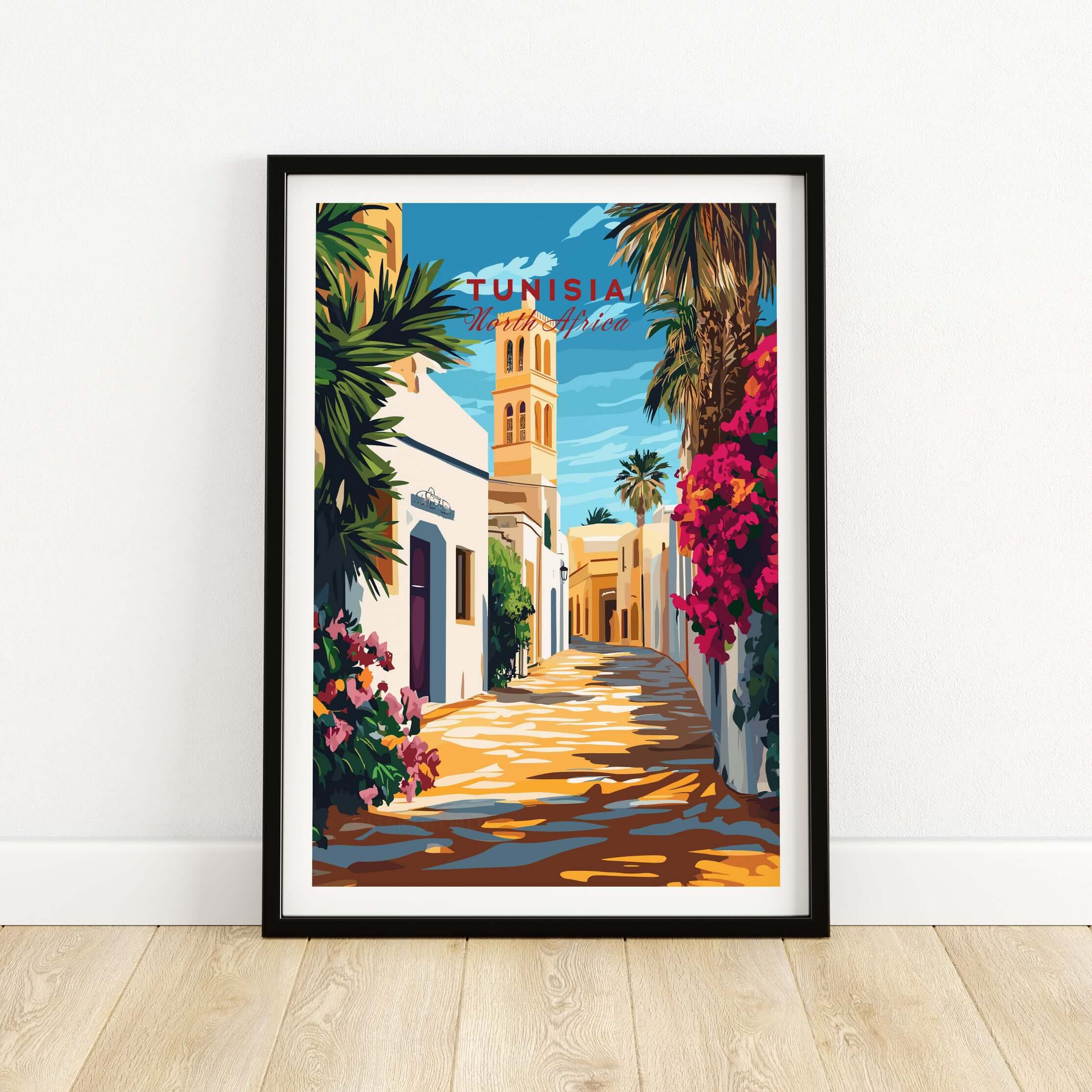 Tunisia Art Print - North Africa Poster - Modern Home Decor for Walls featuring a vibrant street scene with palm trees and flowers.