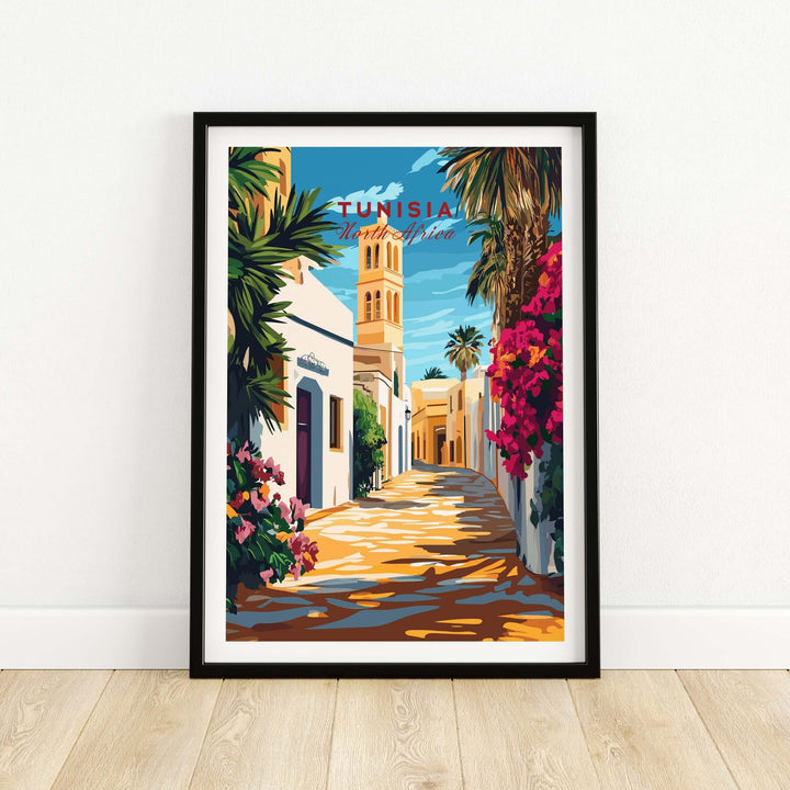 Tunisia art print showcasing a vibrant North African street, perfect for modern home decor.