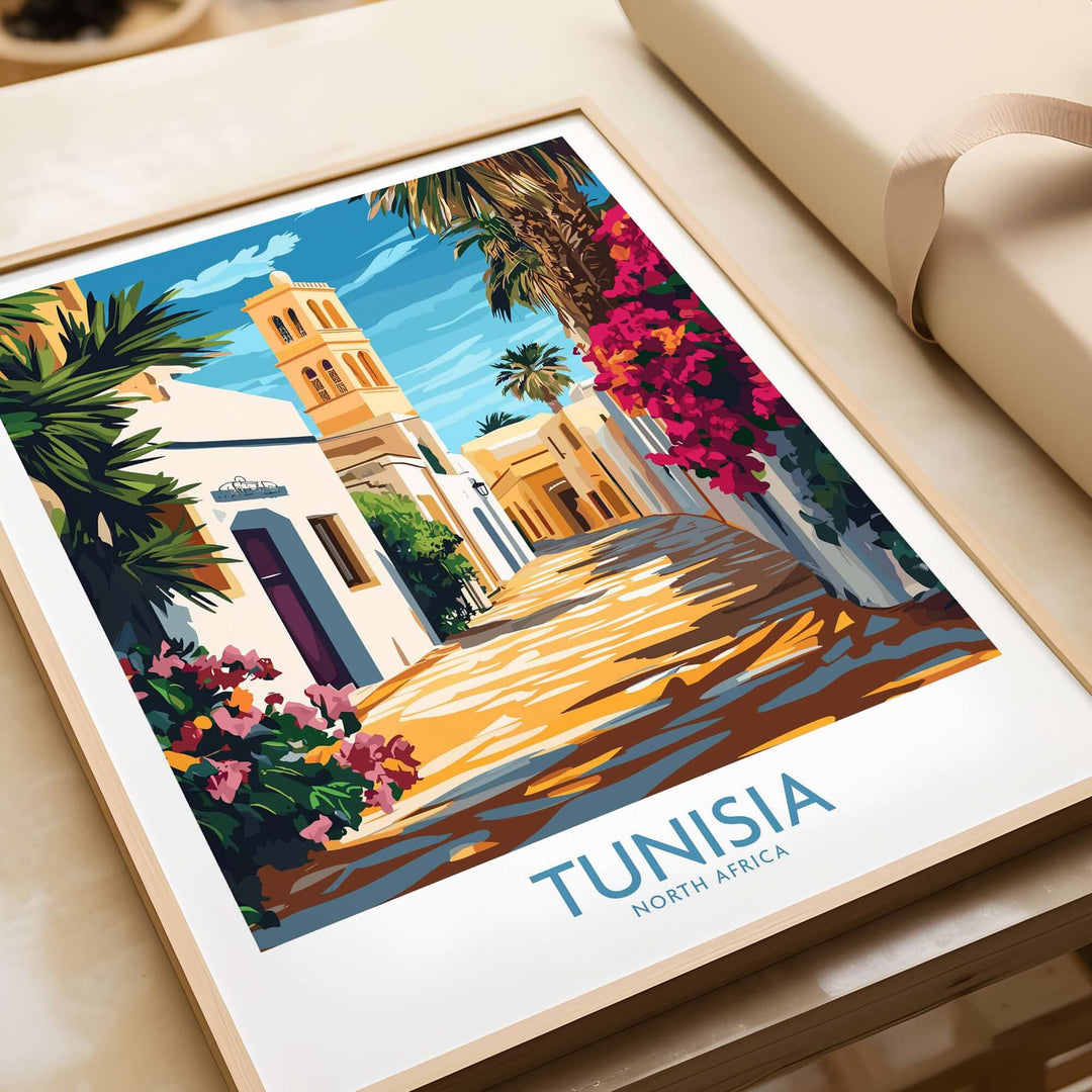 Vibrant Tunisia poster showcasing a colorful cityscape and floral details, perfect for North Africa home decor.