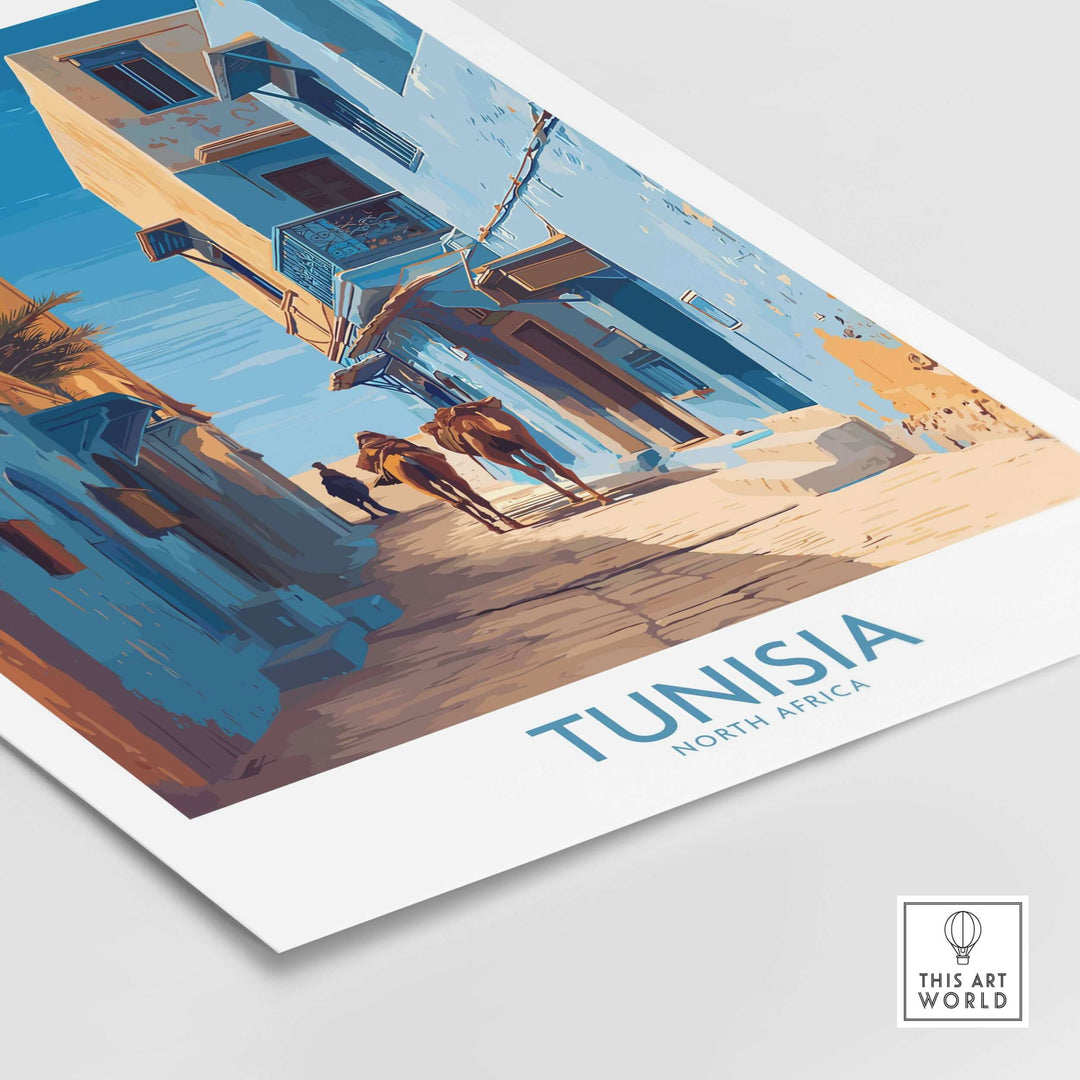 Tunisia poster featuring a vibrant old town scene with camels, perfect for North Africa wall art.