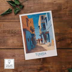 Tunisia Poster - North Africa Wall Art - Old Town Home Decor showcasing vibrant street scene and intricate architecture.