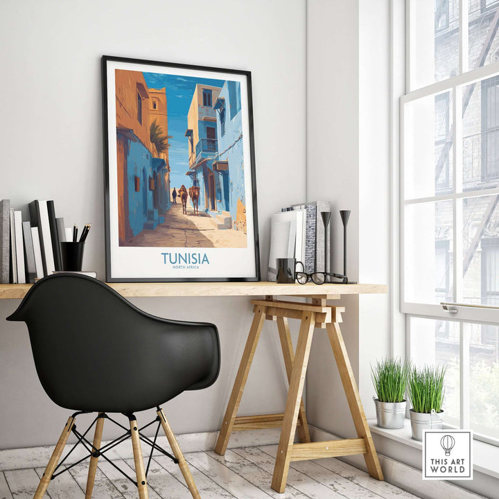 Tunisia poster showcasing colorful architecture, displayed in a stylish home office setting with modern decor.