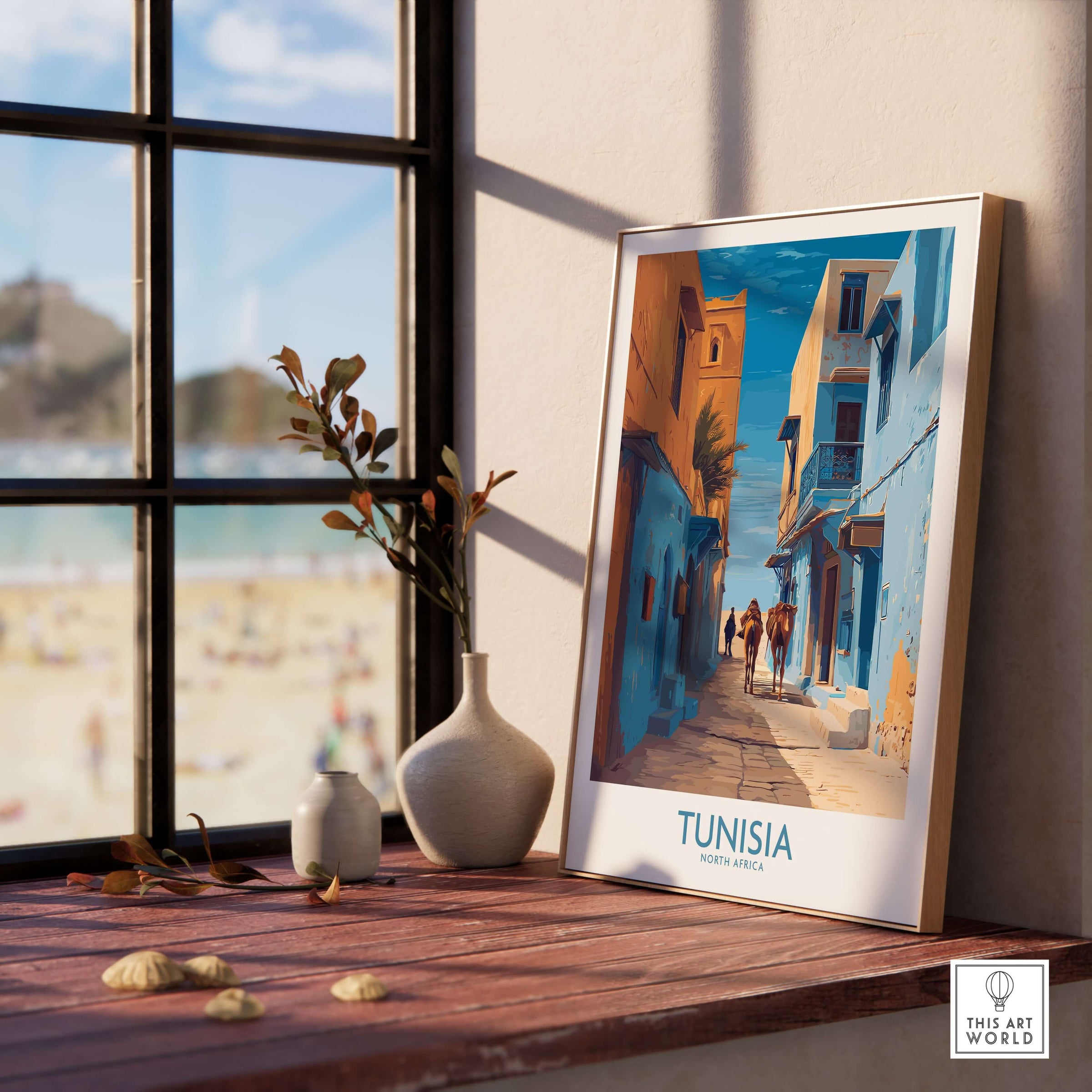Tunisia Poster - North Africa Wall Art - Old Town Home Decor displayed in a cozy interior with beach view.
