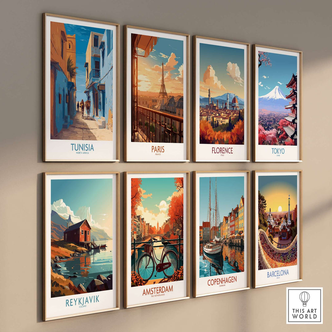 Gallery wall featuring vibrant posters of Tunisia, Paris, Florence, Tokyo, Reykjavik, Amsterdam, Copenhagen, and Barcelona.