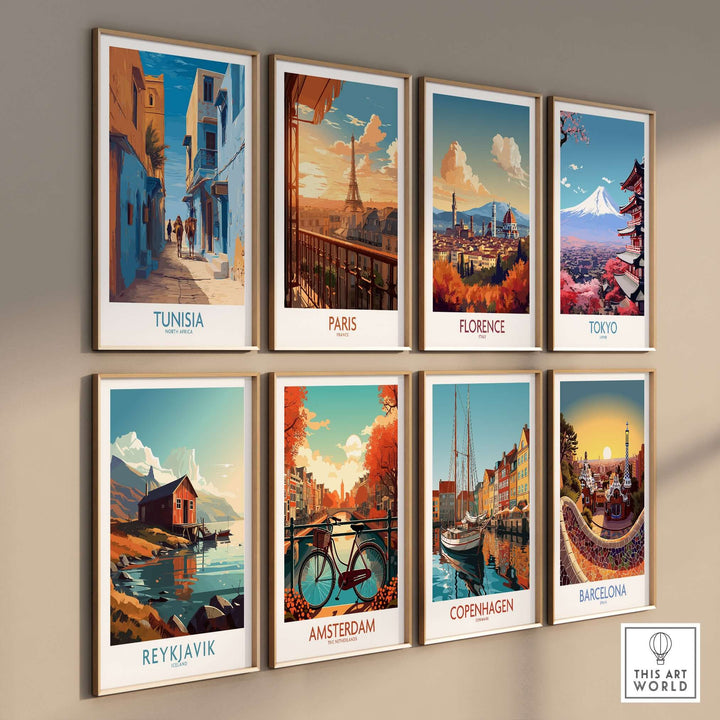Gallery wall featuring vibrant posters of Tunisia, Paris, Florence, Tokyo, Reykjavik, Amsterdam, Copenhagen, and Barcelona.