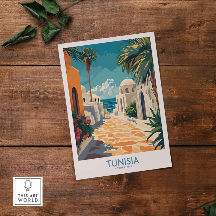 Tunisia travel poster featuring vibrant blue and white architecture, ideal for North Africa wall decor.