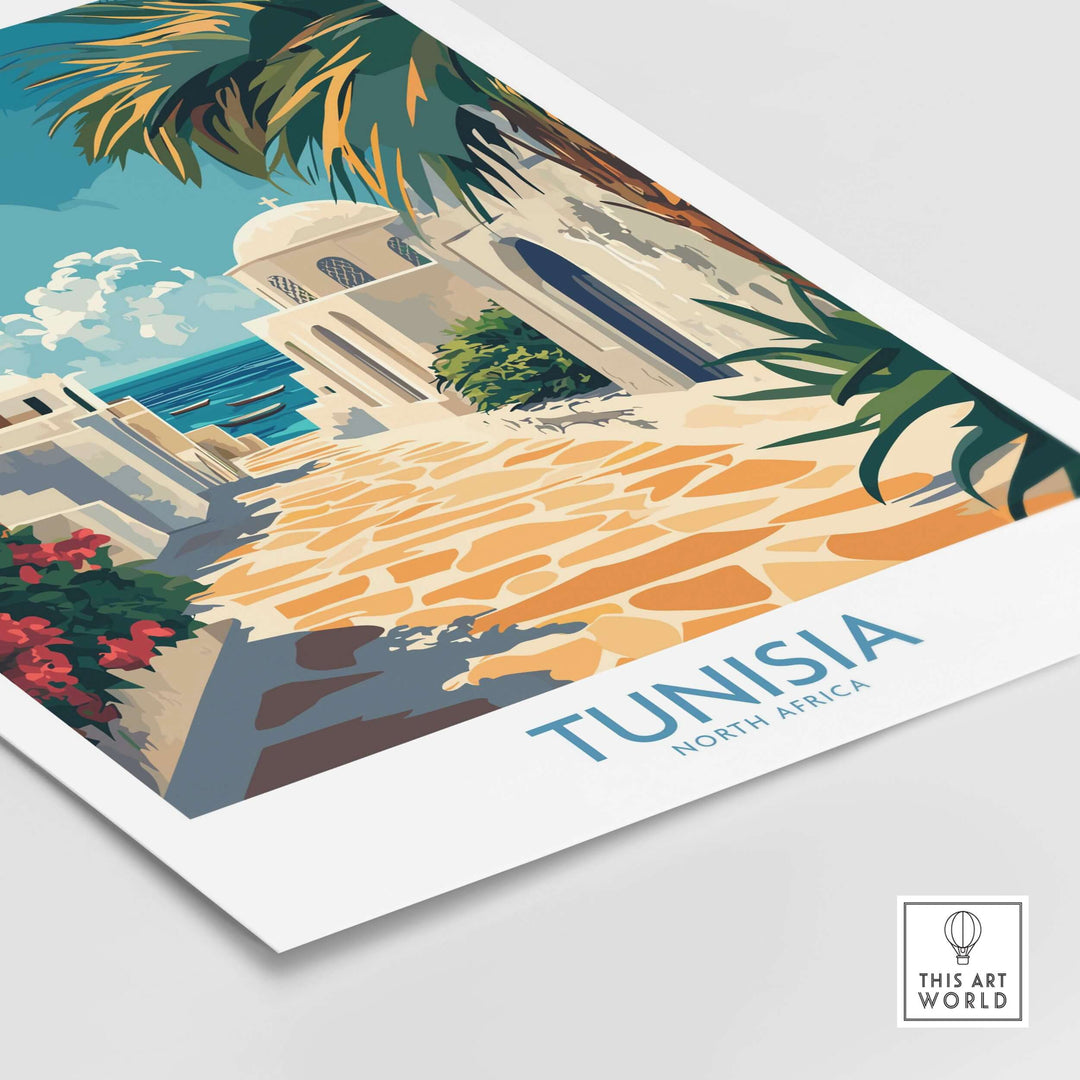 Tunisia poster showcasing North Africa's architecture and landscapes in vibrant blue and white colors.