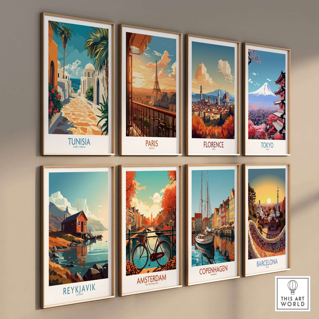 Gallery wall of travel posters including Tunisia, Paris, Florence, Tokyo, Reykjavik, Amsterdam, Copenhagen, and Barcelona.