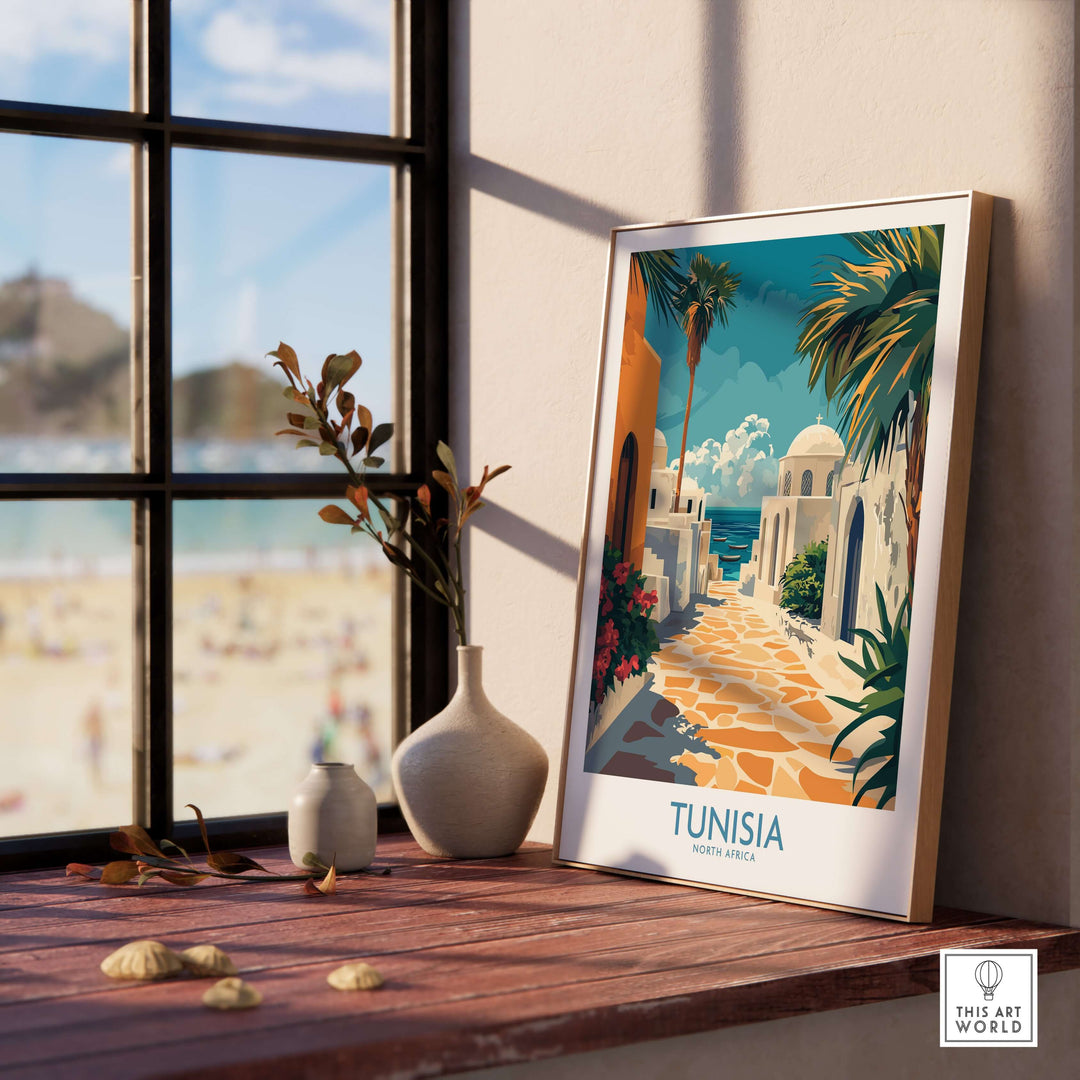 Tunisia poster showcasing vibrant blue and white North Africa scene, framed on a wooden table near a window.