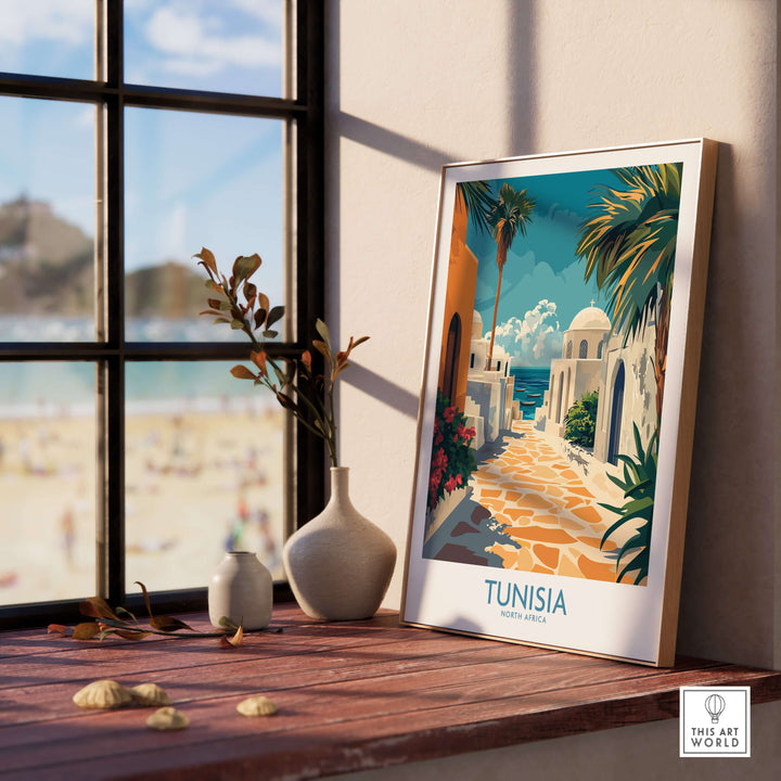 Tunisia poster showcasing vibrant blue and white North Africa scene, framed on a wooden table near a window.