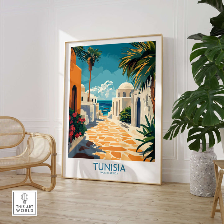 Tunisia poster showcasing blue and white architecture, framed wall decor for North Africa-inspired interiors.