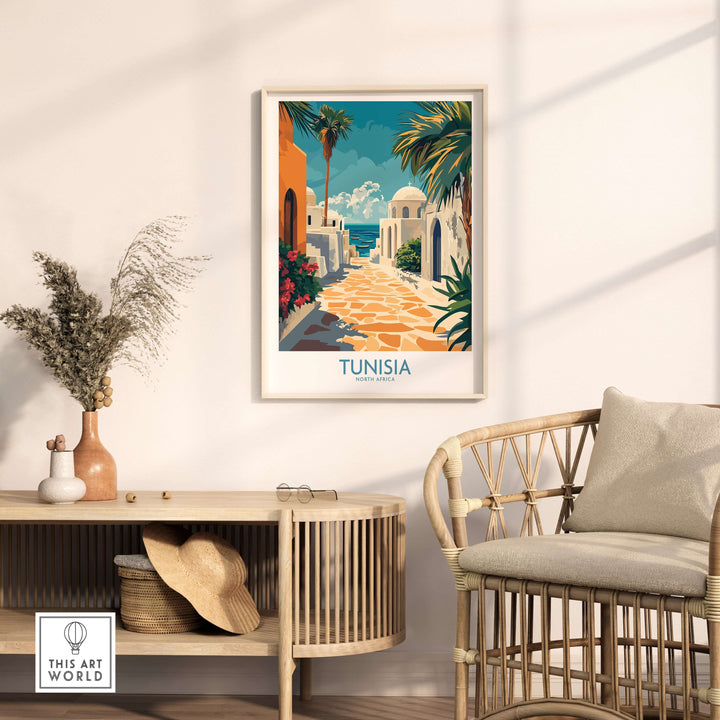 Tunisia poster showcasing vibrant blue and white architecture in a stylish home setting with modern decor elements.