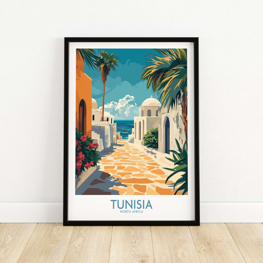 Tunisia poster print featuring a vibrant coastal pathway with palm trees and blue sky, ideal for North Africa wall decor.