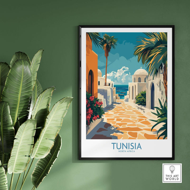 Tunisia poster featuring North African architecture, blue skies, and vibrant greenery for unique home decor.