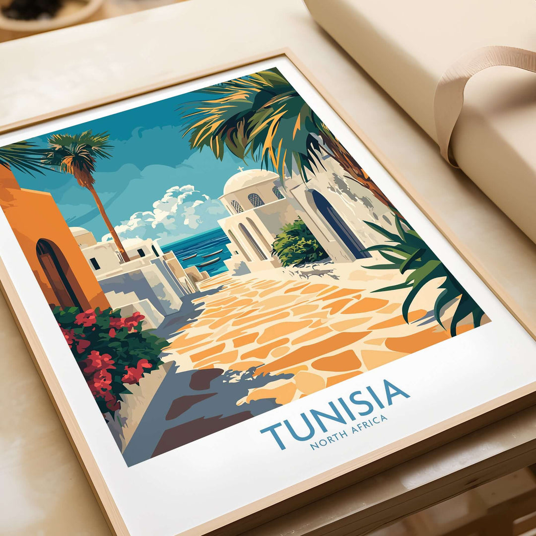 Tunisia travel poster featuring blue and white architecture with palm trees and a coastal view.
