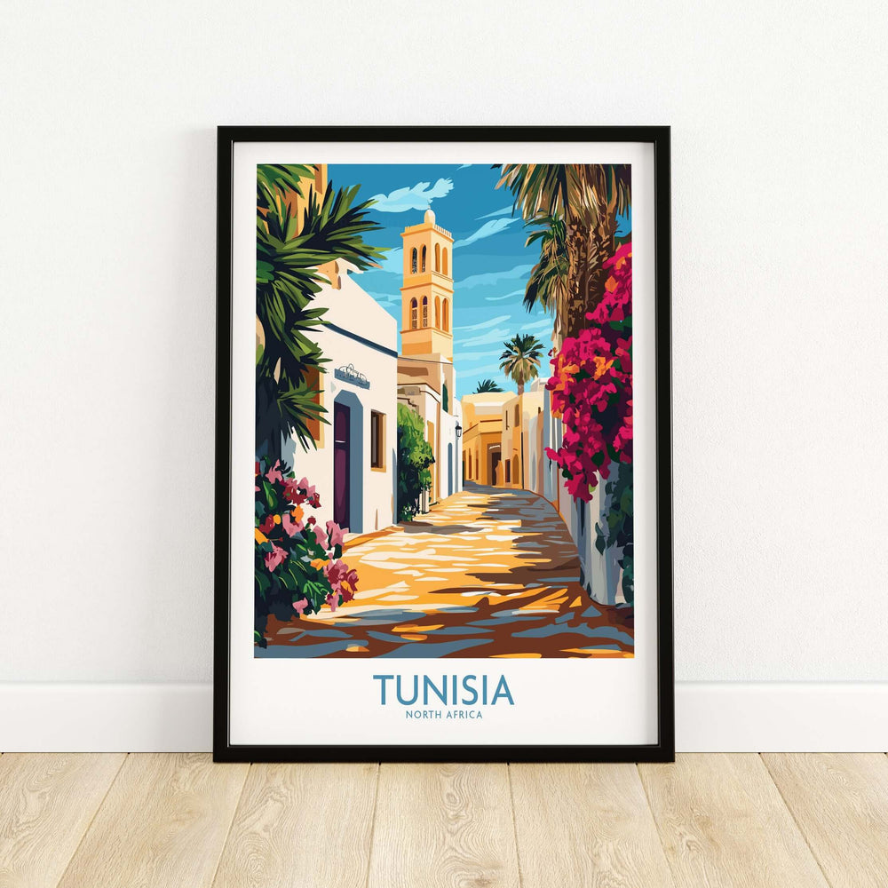 Vibrant Tunisia travel poster showcasing colorful cityscape and floral elements in North Africa.