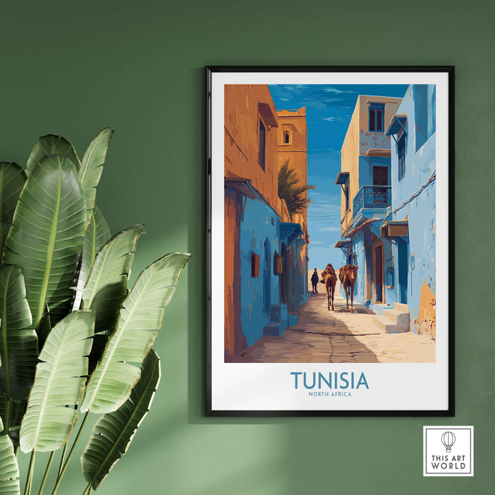 Tunisia poster featuring vibrant old town street scene, showcasing North Africa's architectural charm and culture.