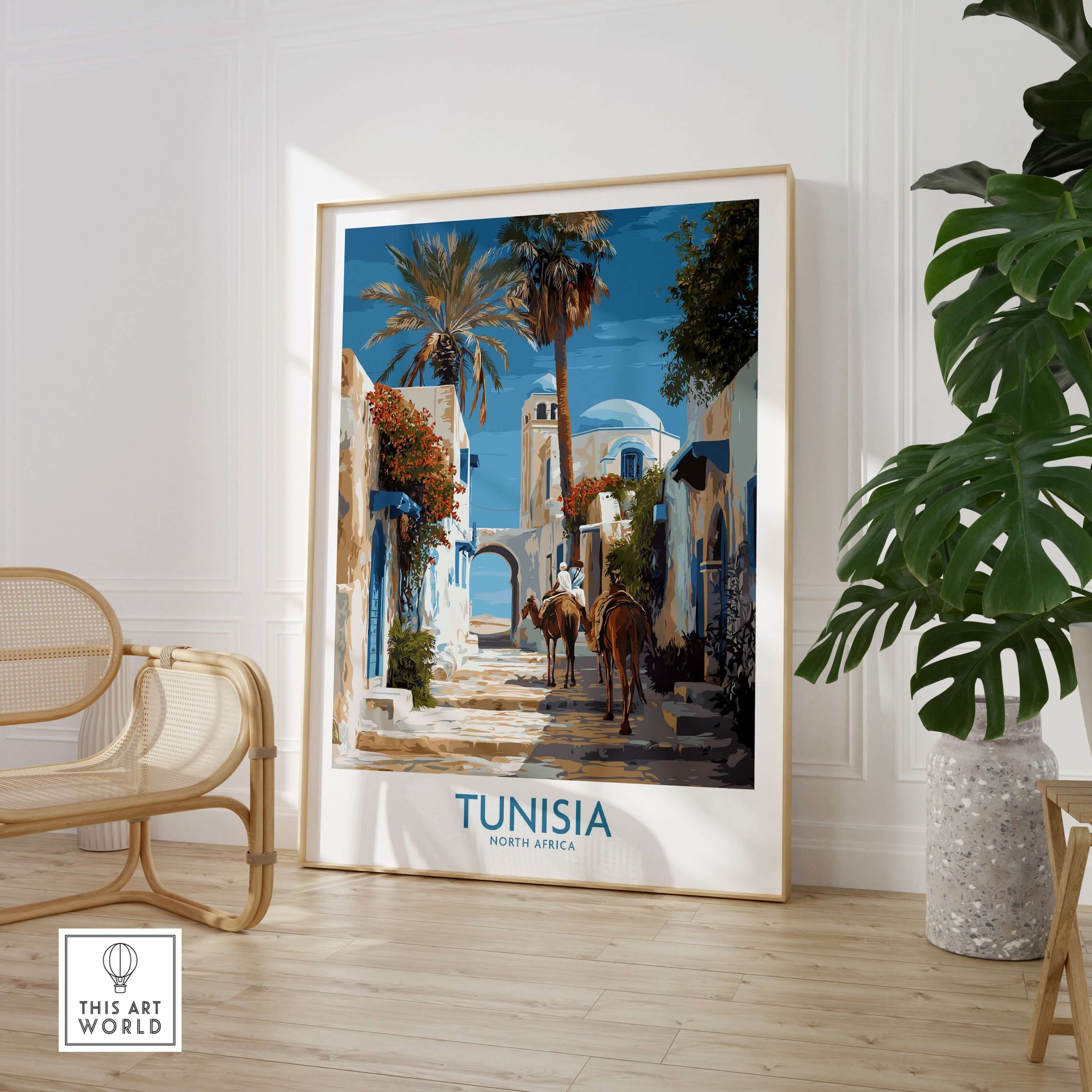 Tunisia Poster - North Africa Wall Art with Camels showcasing a picturesque street scene with palm trees and camels.