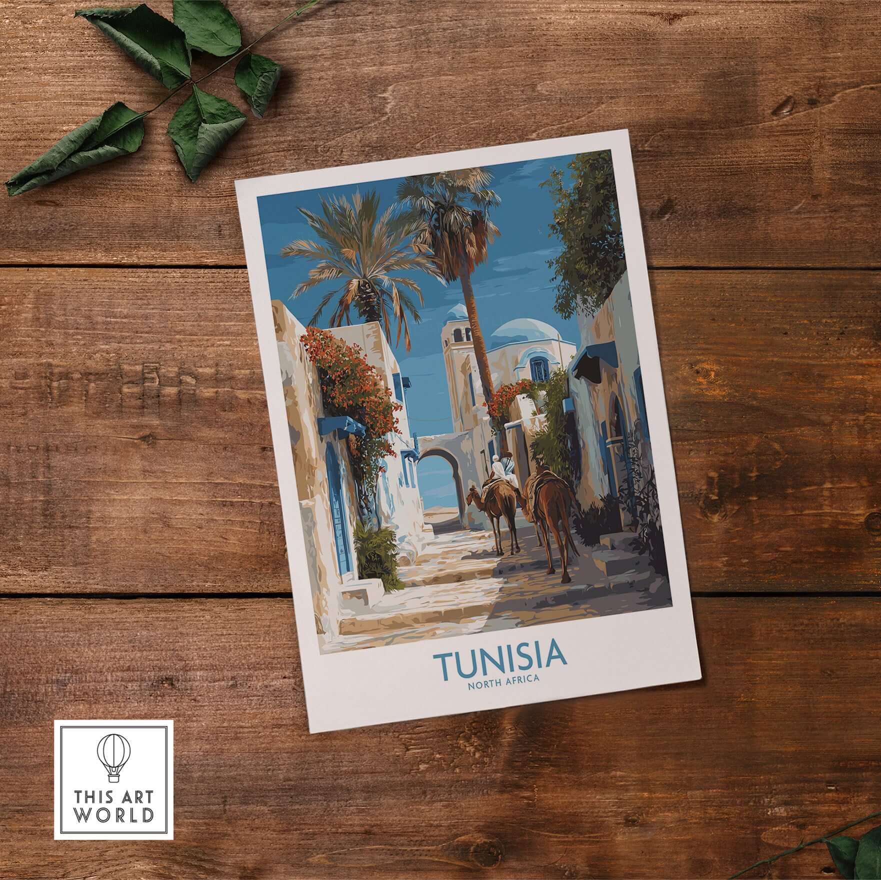 Tunisia Poster - North Africa Wall Art with Camels showcasing a picturesque street scene and camels under palm trees.