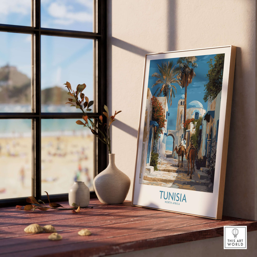 Tunisia poster showcasing camels in a North Africa landscape, framed on a wooden table with beach view.