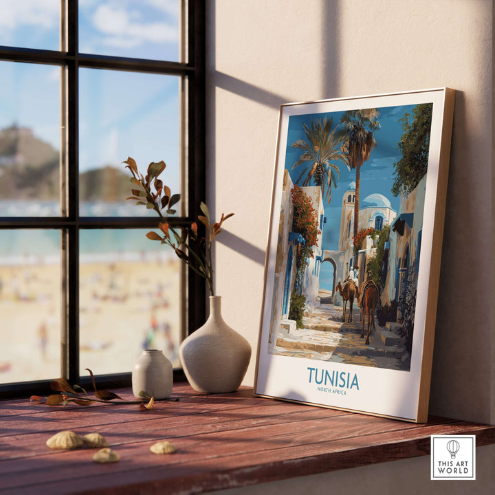 Tunisia poster showcasing camels in a North Africa landscape, framed on a wooden table with beach view.