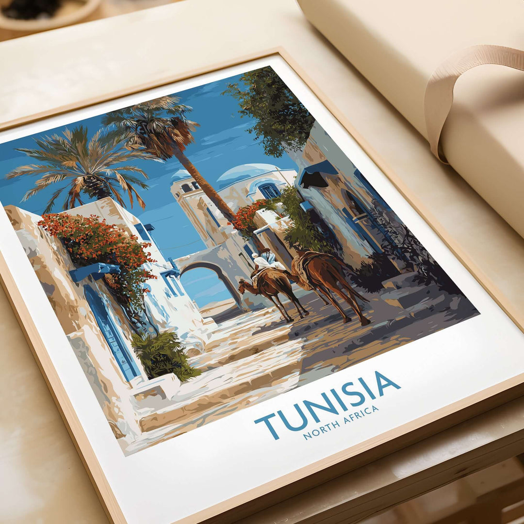 Tunisia poster featuring camels and traditional architecture, perfect wall art for North Africa decor.