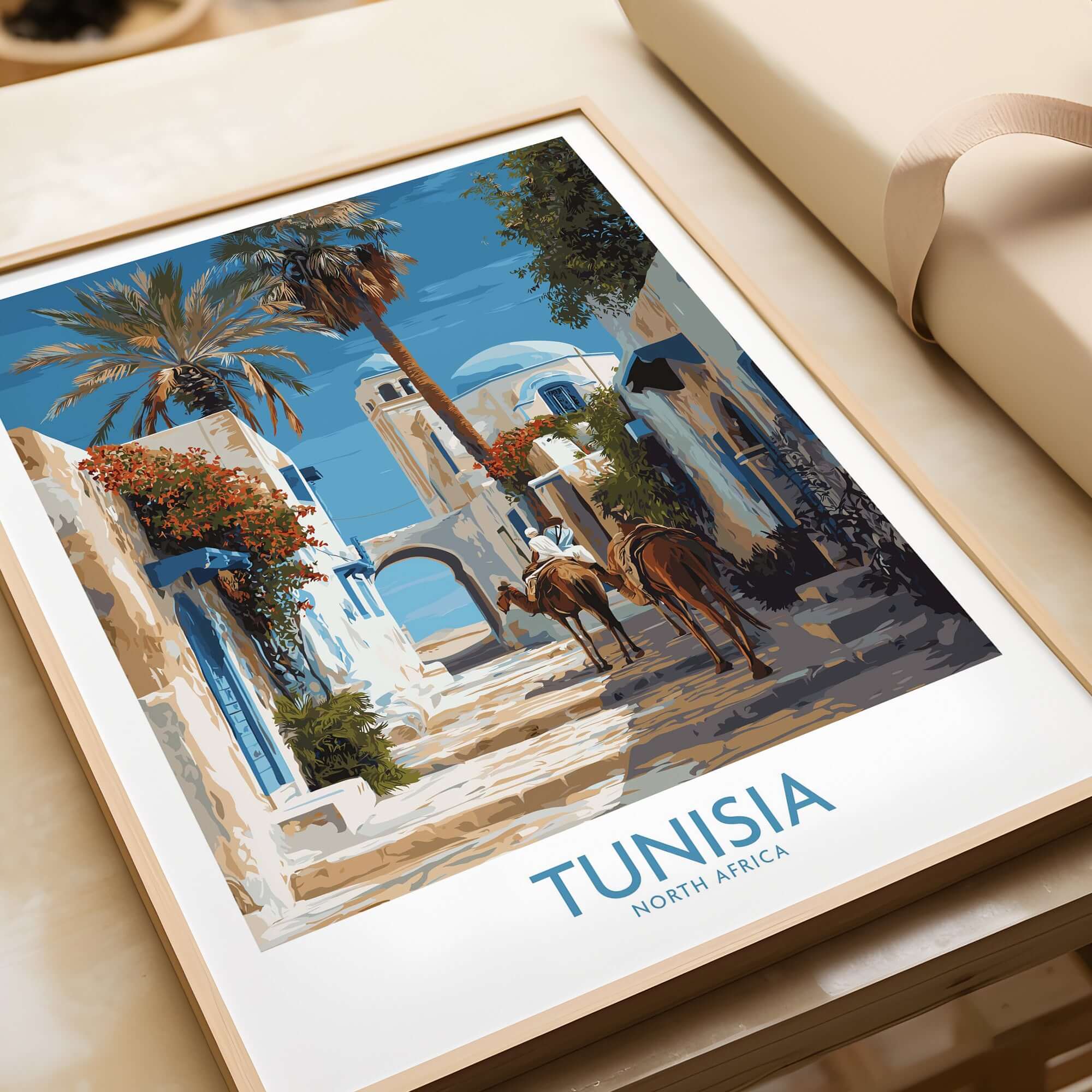 Tunisia Poster - North Africa Wall Art with Camels showcasing a vibrant scene of camels in a Tunisian street.