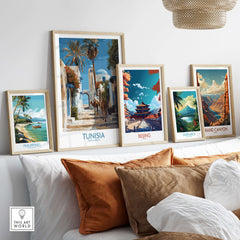 Tunisia Poster - North Africa Wall Art with Camels displayed on a cozy wall showcasing travel destinations.