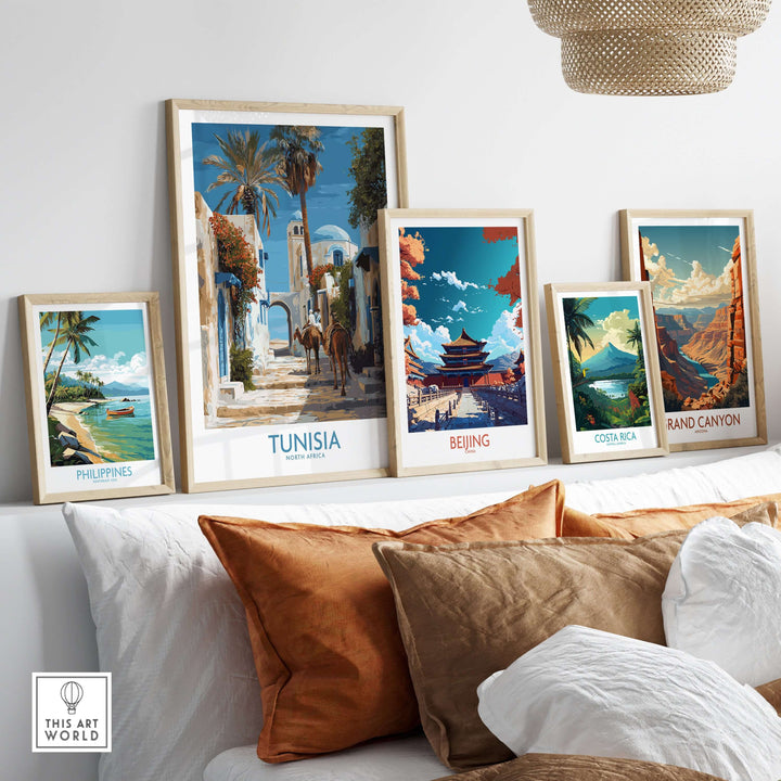 Elegant wall art display featuring Tunisia, Beijing, Costa Rica, Philippines, and Grand Canyon posters with a cozy decor.