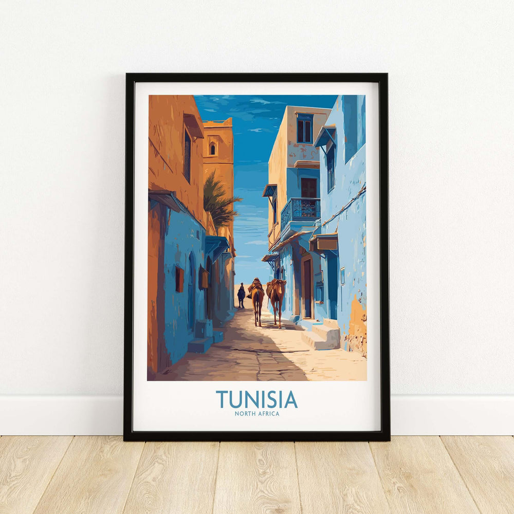 Tunisia poster featuring vibrant old town architecture and a scenic street view in North Africa.