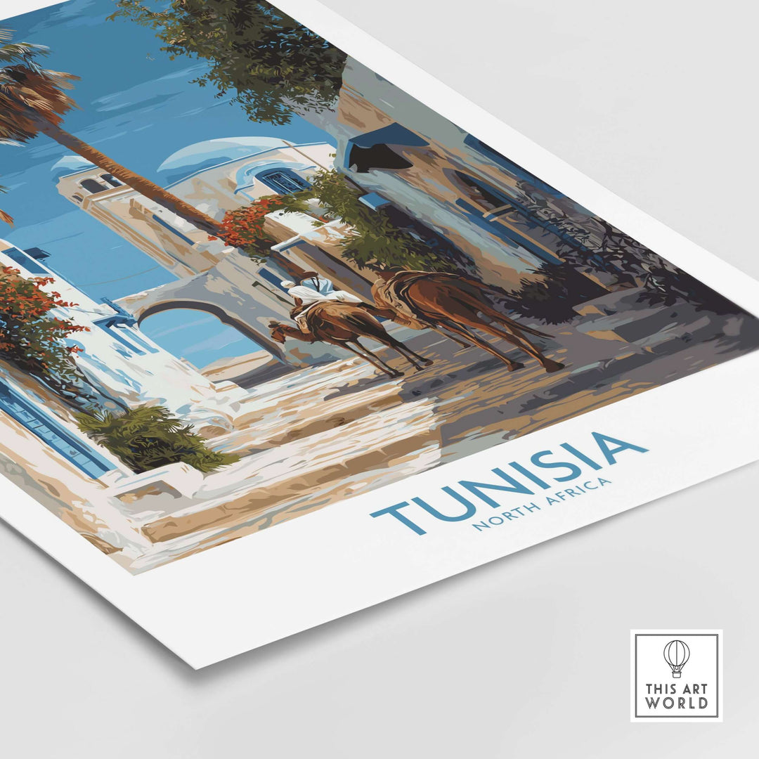 Tunisia poster featuring camels in a vibrant North Africa scene with traditional architecture and palm trees.