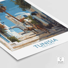 Tunisia Poster - North Africa Wall Art with Camels showcasing a vibrant street scene with camels and blue architecture.