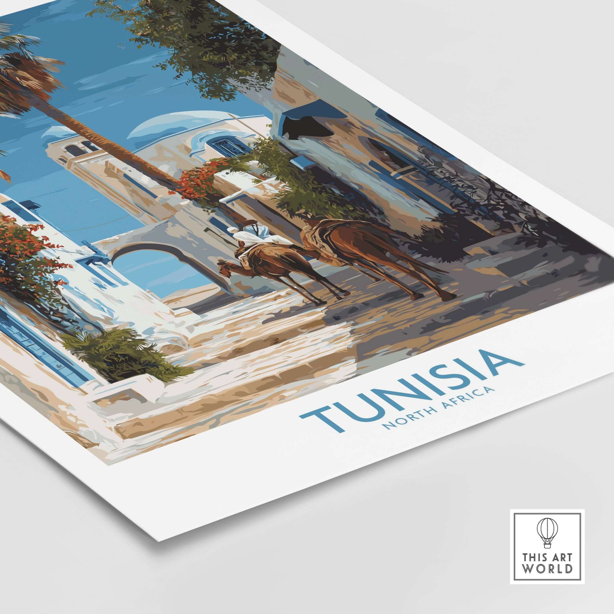 Tunisia Poster - North Africa Wall Art with Camels showcasing a vibrant street scene with camels and blue architecture.