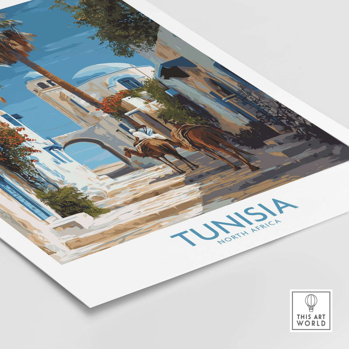 Tunisia poster featuring camels in a vibrant North Africa scene with traditional architecture and palm trees.