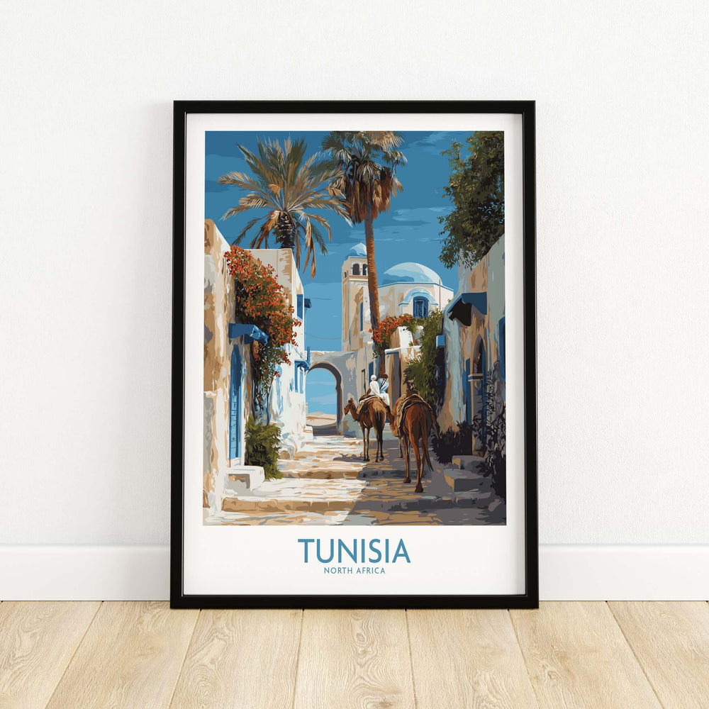 Tunisia poster depicting camels walking in a picturesque North African landscape with vibrant colors.