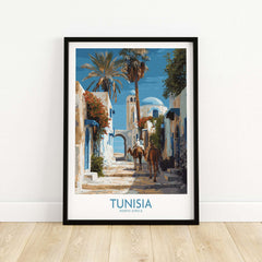 Tunisia Poster - North Africa Wall Art with Camels featuring a scenic view of Tunisia's charming streets.