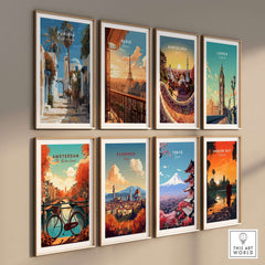 Tunisia Street Scene Print - Camels in the City Poster - Historic Town Wall Decor showcasing diverse city prints on a wall.