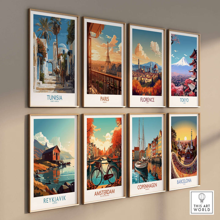 Gallery of travel posters featuring Tunisia, Paris, Florence, Tokyo, Reykjavik, Amsterdam, Copenhagen, and Barcelona.