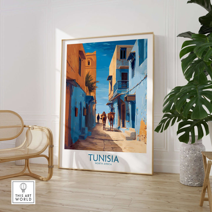 Tunisia poster featuring vibrant old town architecture in North Africa, perfect for home decor.