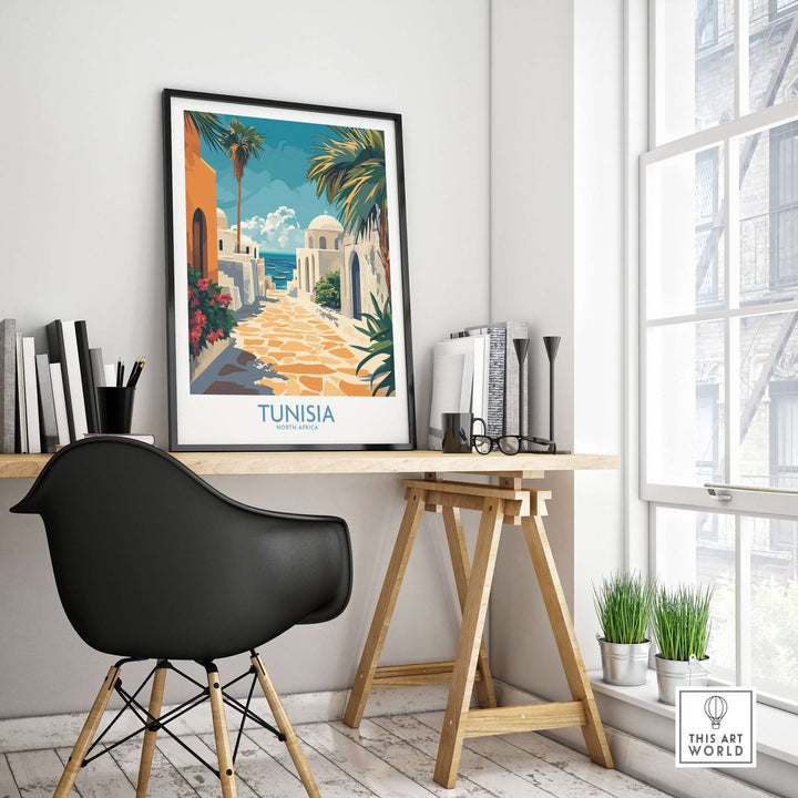 Tunisia poster art displayed in a bright room with modern decor and a black chair, showcasing North Africa's vibrant beauty.