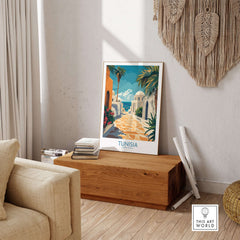 Tunisia Poster - North Africa Travel Print - Blue and White Wall Decor displayed in a stylish living room setting.