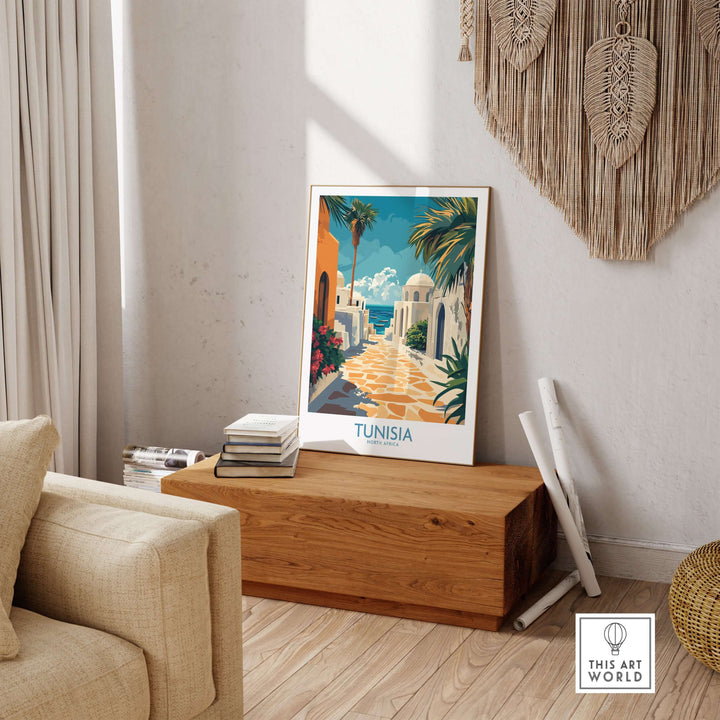 Tunisia poster art print showcasing blue and white architecture, placed in a stylish living room decor.