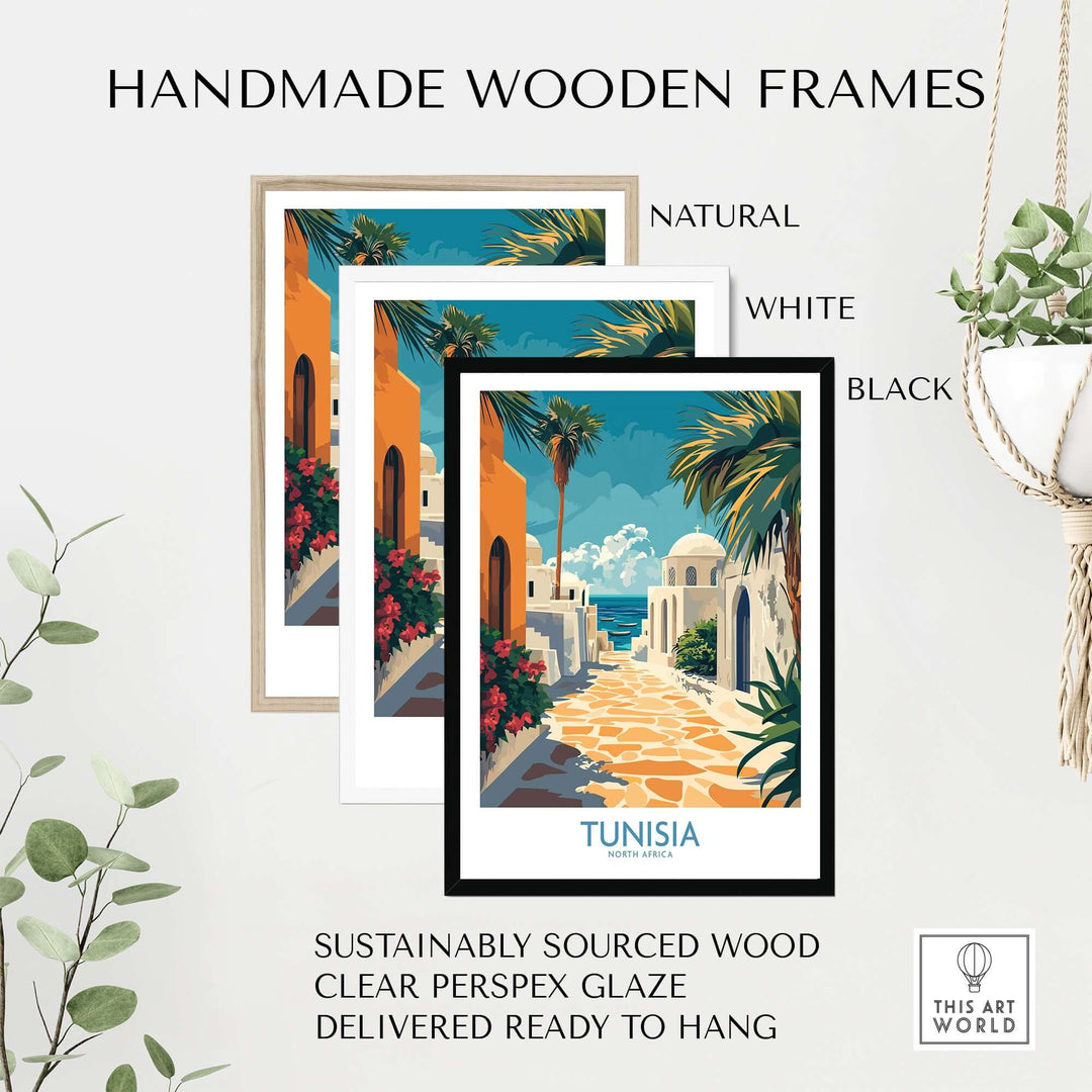 Handmade wooden frames in natural, white, and black for Tunisia travel poster. Sustainably sourced wood, ready to hang.