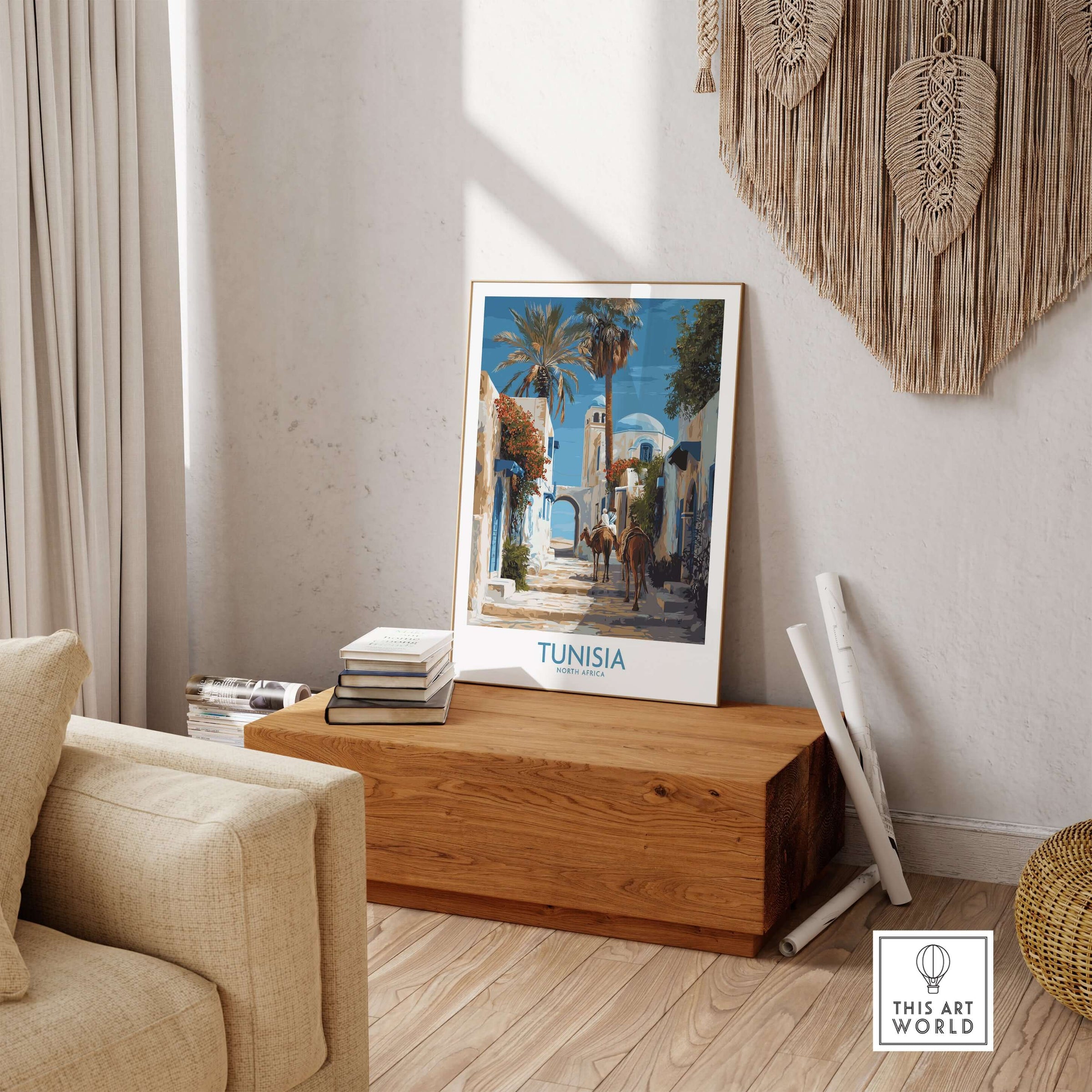 Tunisia Poster - North Africa Wall Art with Camels displayed in a stylish living room setting.