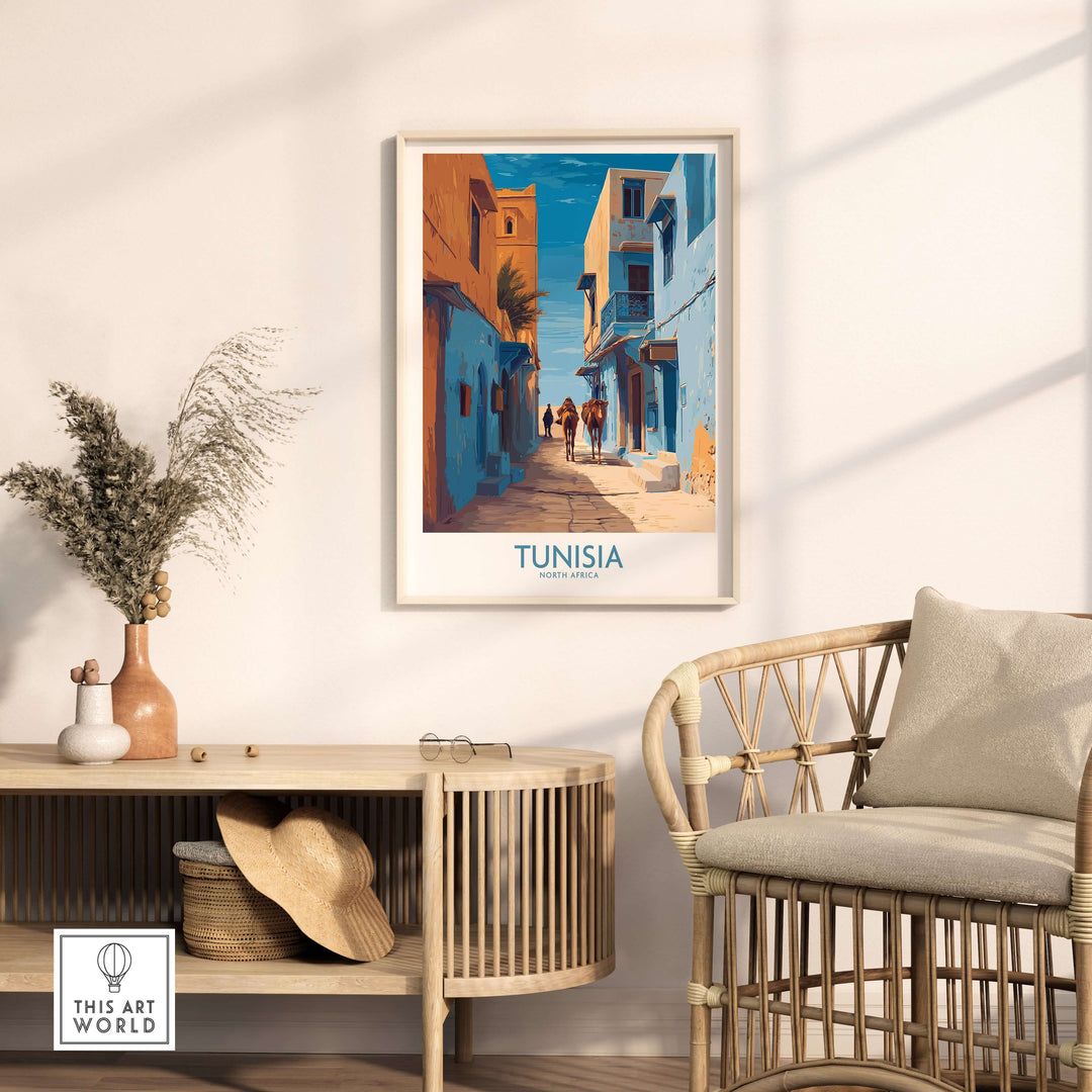 Tunisia poster featuring vibrant blue streets and coastal architecture, ideal for North Africa wall art and home decor.