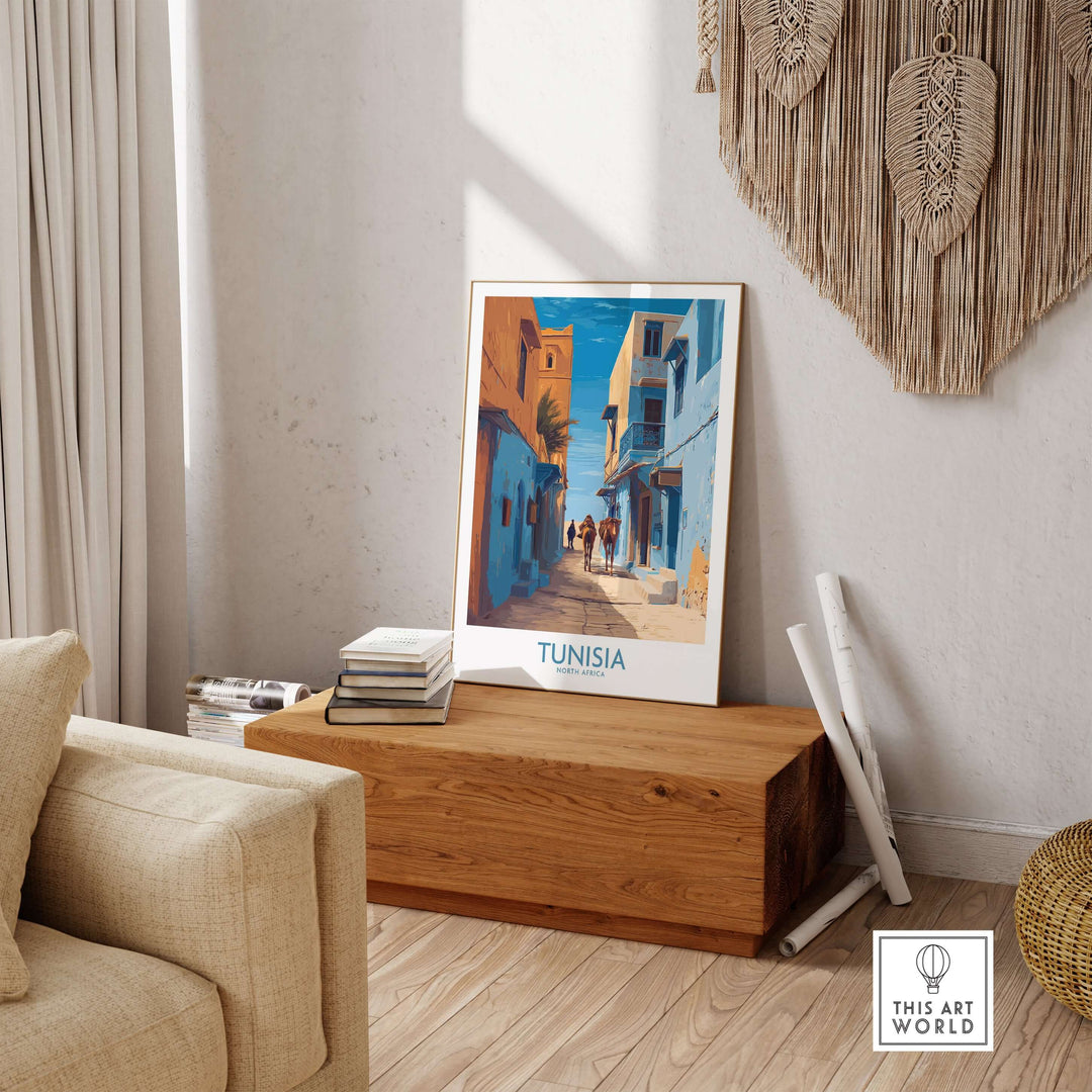 Tunisia poster depicting vibrant old town architecture, enhancing cozy home decor with North Africa charm.